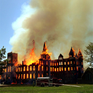 Alma College burns.